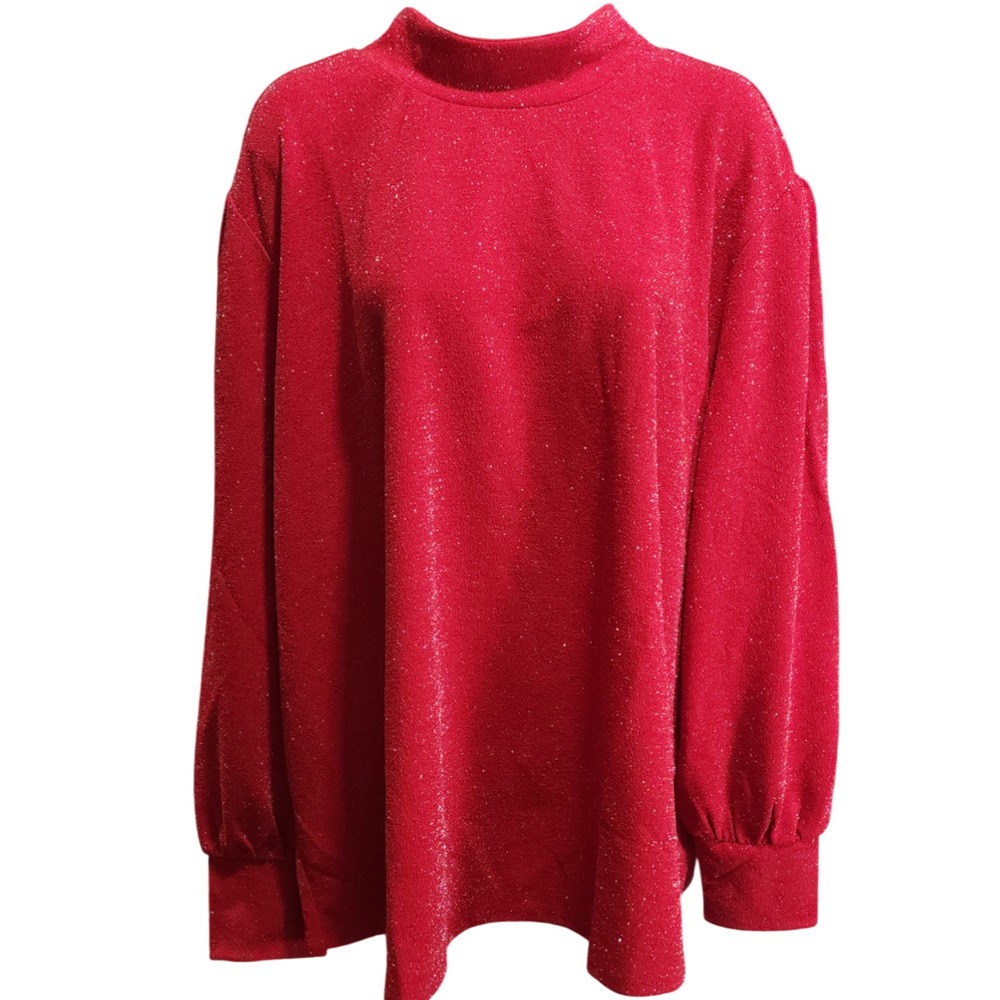 Maurices Plus Size 4X Red Sparkly Blouse Mock Neck Balloon Sleeve Metallic Top